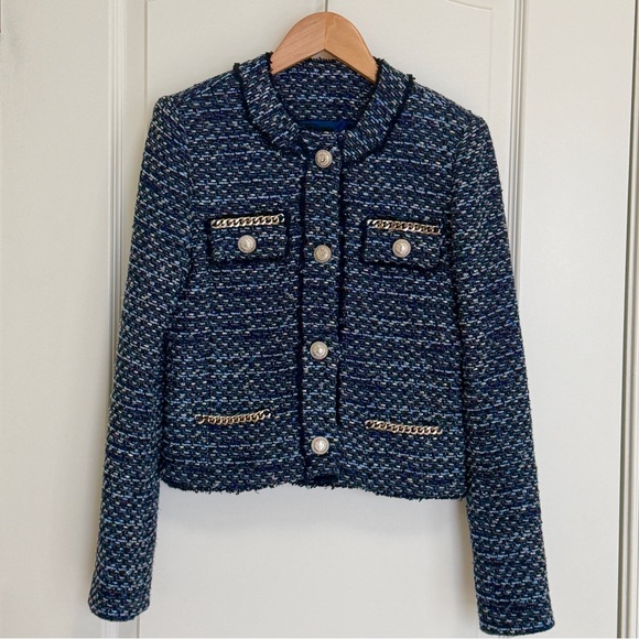 Generation Love Navy Cropped Tweed Kristen Blazer Jacket with Silver Chain, XS - Picture 2 of 11